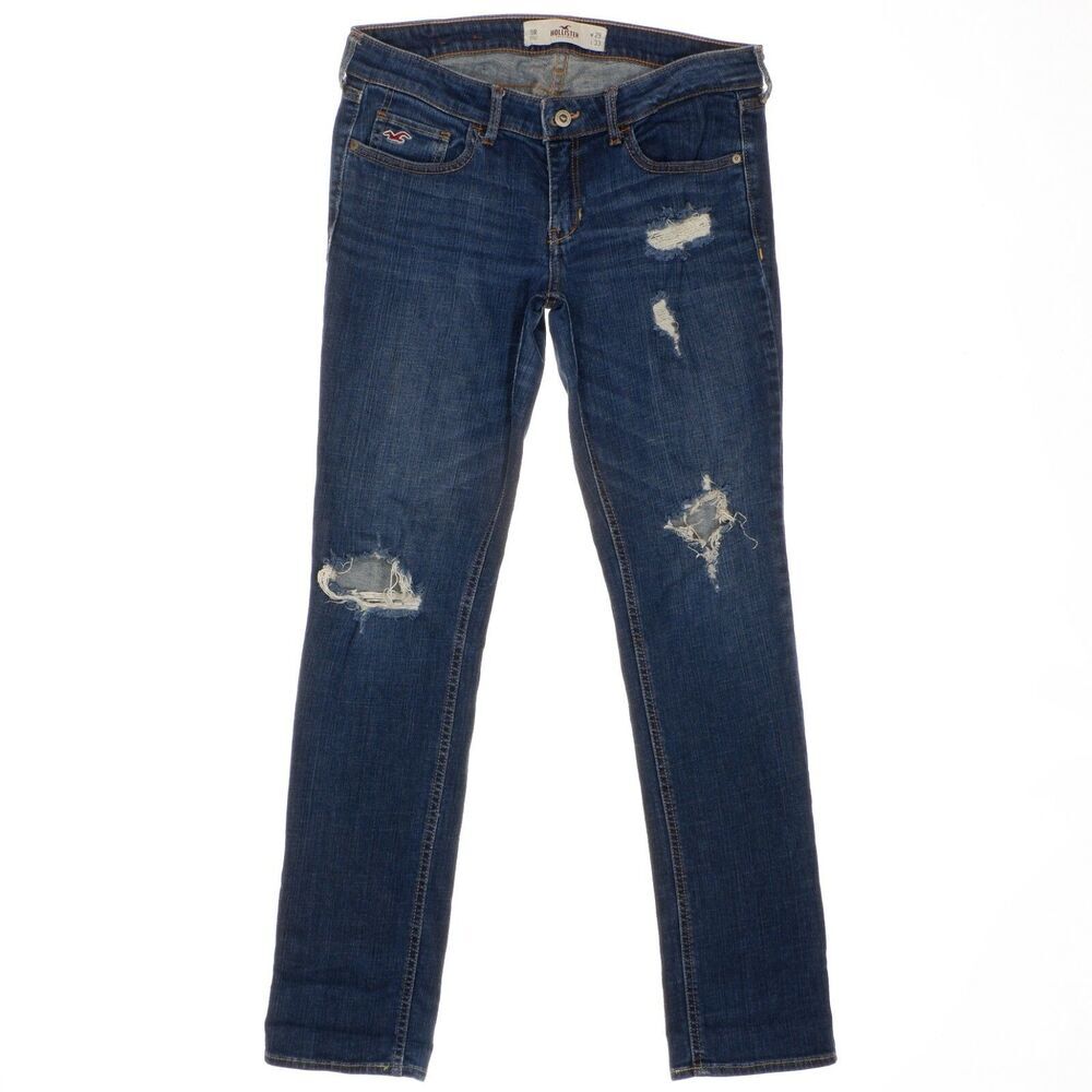 Hollister Slim Straight Leg Jeans 9 (30x30.5) Dark Blue Distressed Denim Juniors